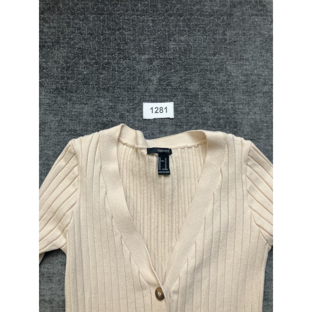 Forever 21‎ Sweater Dress Womens Medium Ivory Ribbed Knit V Neck Button Front - Picture 12 of 13